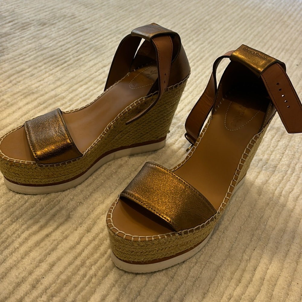 See by Chloe Wedge Espadrille sandals (with bronze leather).